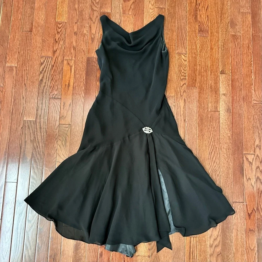 Jones Wear‎ Dress Black Flowey Cowl Neck Feminine Silver Brooch Cocktail Dress